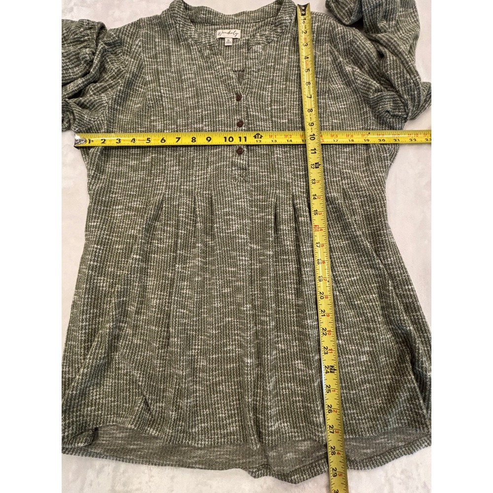 Wonderly Olive Green Space Dye Henley Top Long Sleeve Pleated XL - Picture 4 of 5